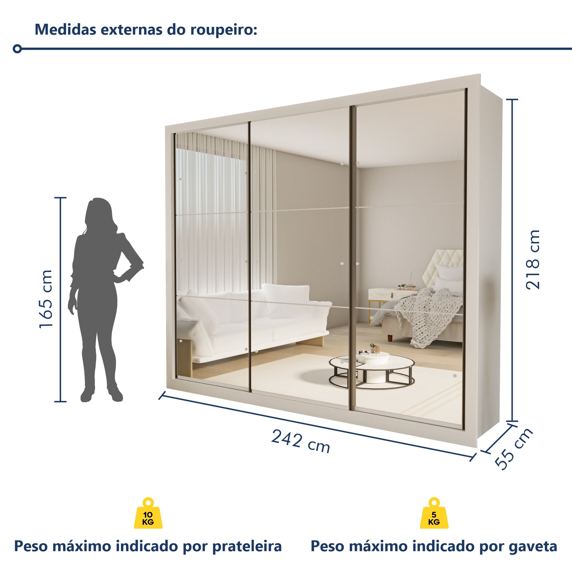 Guarda Roupa Casal Premium Ravena 242cm com Espelho 3 Portas 6 Gavetas Espresso Móveis     - 10