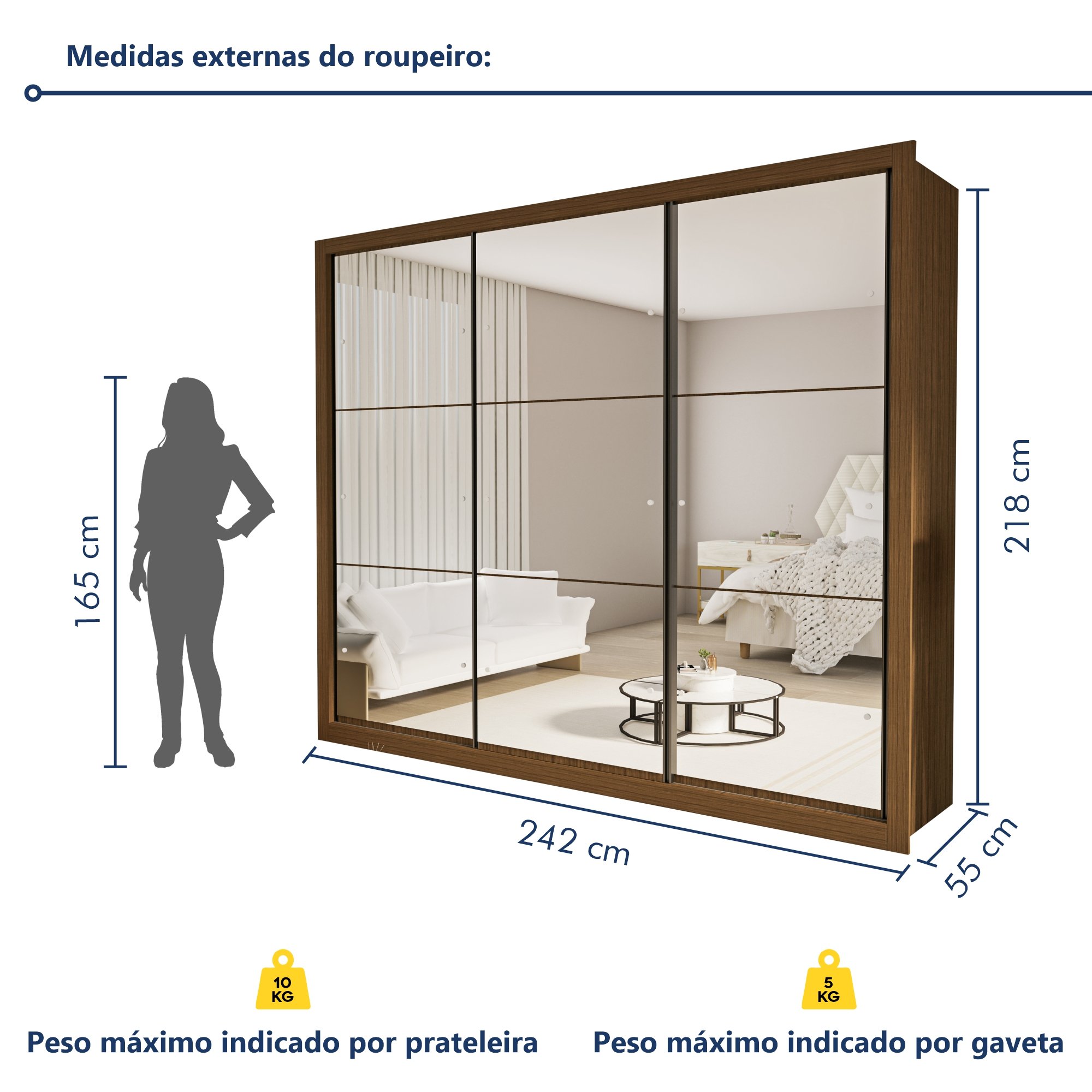 Guarda Roupa Casal Premium Ravena 242cm com Espelho 3 Portas 6 Gavetas Espresso Móveis     - 10