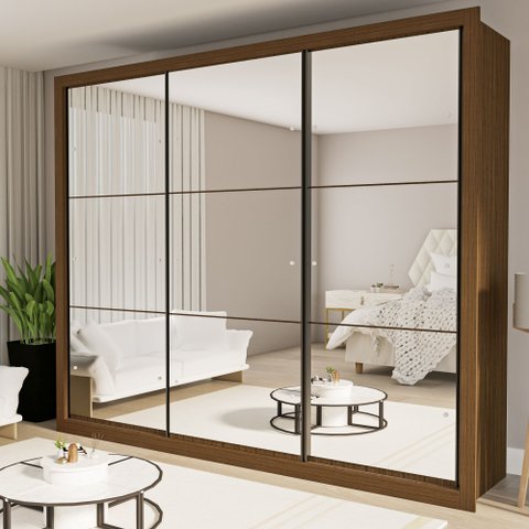 Guarda Roupa Casal Premium Ravena 242cm com Espelho 3 Portas 6 Gavetas Yescasa Marrom/Freijó