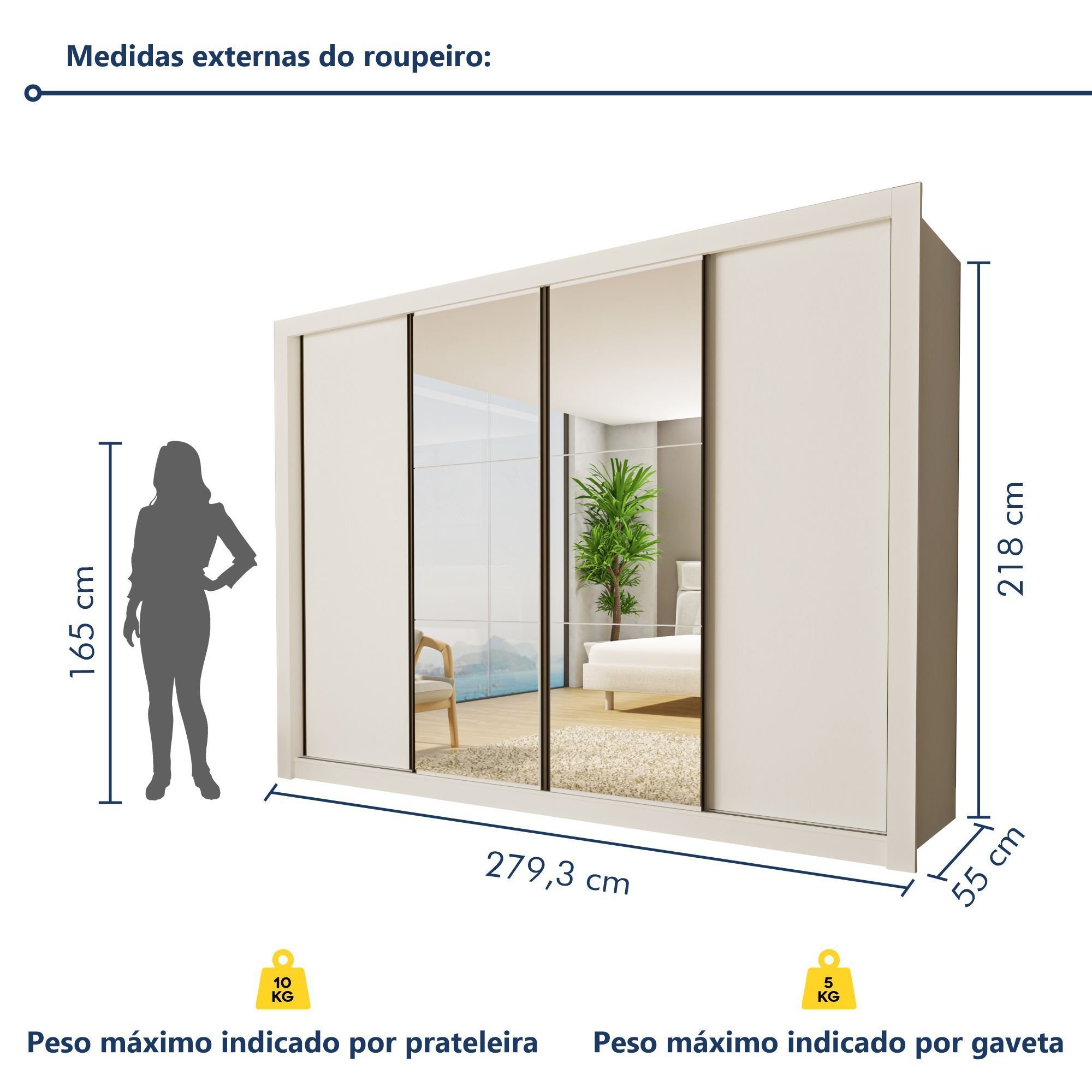 Guarda Roupa Casal Premium Firenze 279,3cm com Espelho 4 Portas 4