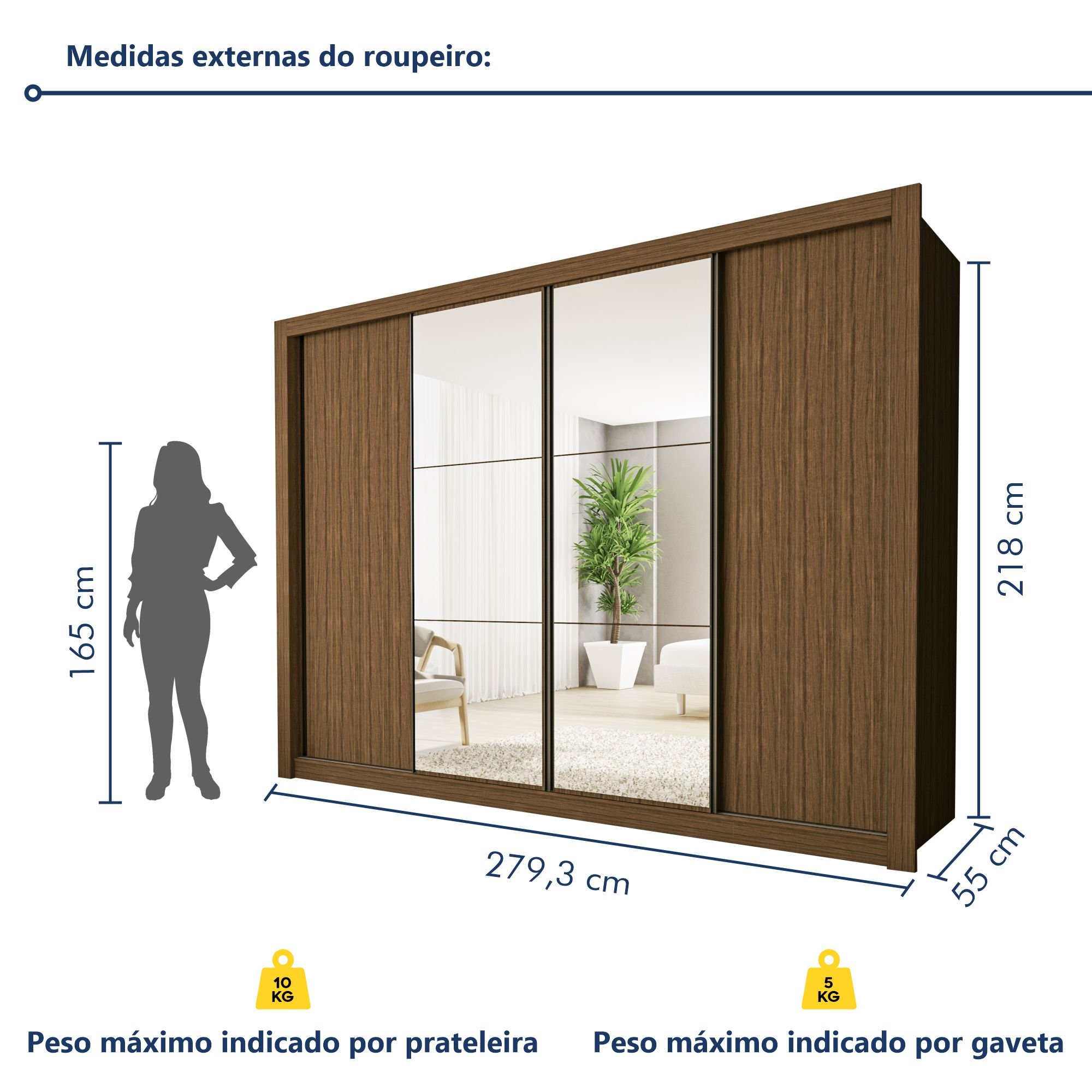 Guarda Roupa Casal Premium Firenze 279,3cm com Espelho 4 Portas 4 Gavetas Espresso Móveis     - 8