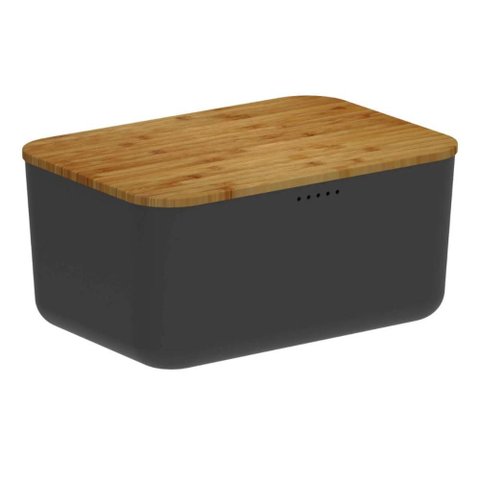 Porta Pães com Tampa Migalheira Bambu 33cm Cesto Preto Organizador Bolos Biscoitos ou