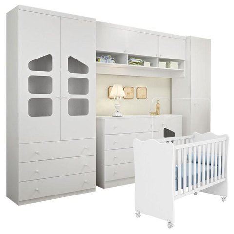 Quarto Ludi 100% MDF Guarda-Roupa Roupeiro e Cômoda + Berço Doce Sonho Branco
