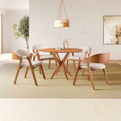Conjunto de Mesa Redonda 108cm com 4 Cadeiras Gaia Yescasa Bege/Nude/Freijó