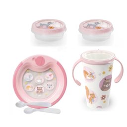 Kit Refeição Bebê Infantil Prato Térmico Ventosa Copo Mágico 360º e Potes Bichinhos Petit - 1