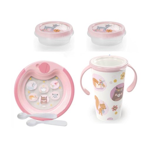 Kit Refeição Bebê Infantil Prato Térmico Ventosa Copo Mágico 360º e Potes Bichinhos Petit