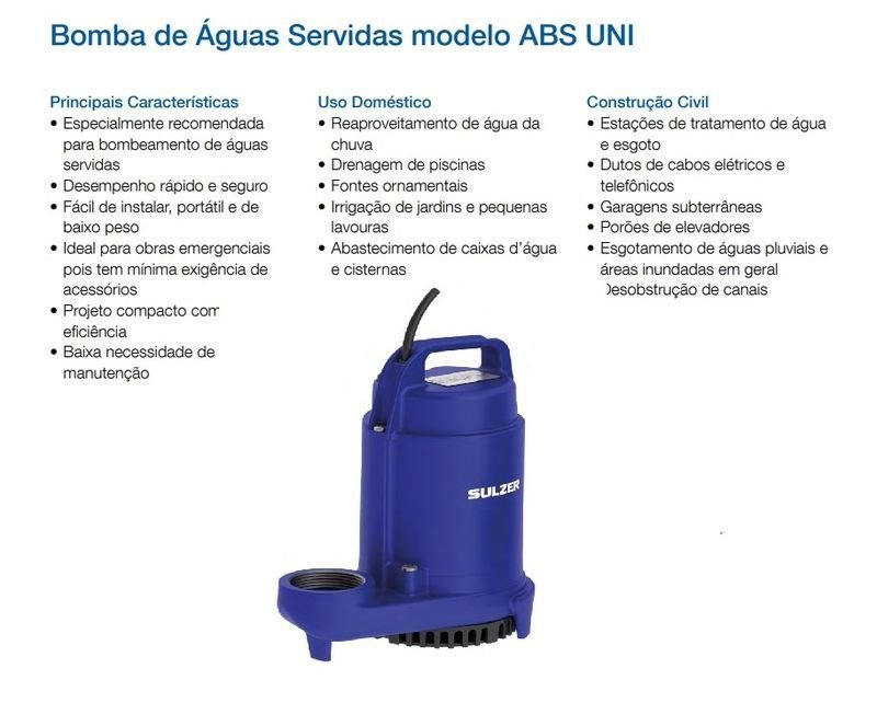 Bomba Sulzer Submersível Uni 100m 5m 0,33cv Monofásica 220v Azul 220 (m) - 2