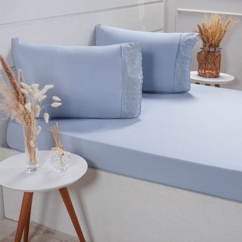 Jogo de Cama Solteiro Broderie 2 Pçs Bordado Inglês 88x188x30cm Blue