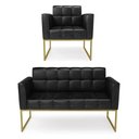 Ver imagem 1 de Kit 1 Sofá Namoradeira e 1 Poltrona Elisa Corano Base Metálica Industrial Dourado - D'Rossi Preto