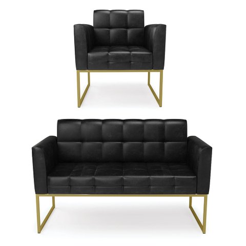 Kit 1 Sofá Namoradeira e 1 Poltrona Elisa Corano Base Metálica Industrial Dourado - D'Rossi Preto