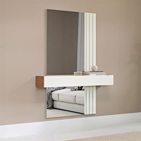 Aparador com Espelho 110cm e Ripado Mdf Dalla Costa Casa Lar Cor:freijó com Off White