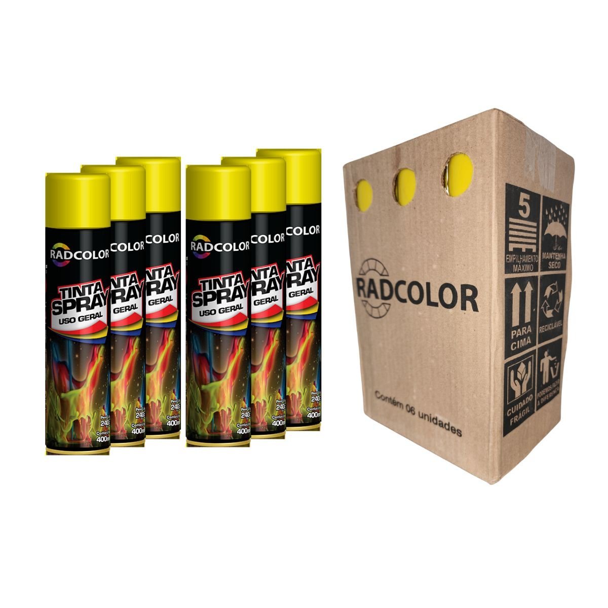 Kit 6 Tinta Spray Uso Geral Amarelo Brilhante Radcolor 400ml
