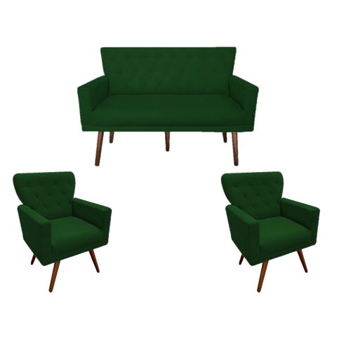 Kit Namoradeira + 2 Poltronas Decorativa Aurora Suede Verde Pés Madeira Ms Decor