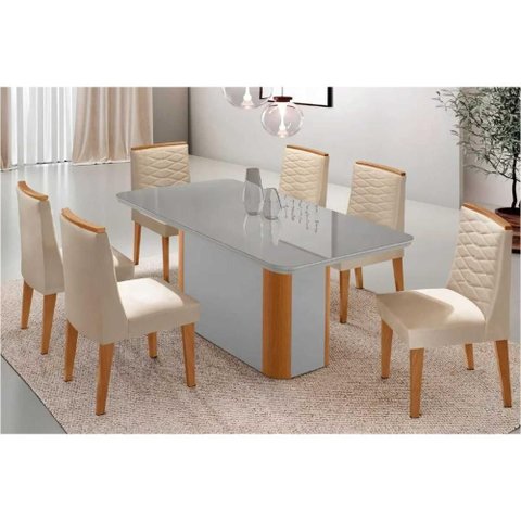 Sala de Jantar Completa Pietá C/ Tampo Madeirado C/ Vidro Canto Curvo 180x90cm e 6 Cadeiras