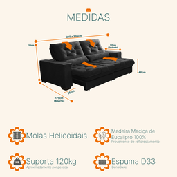 Sofá Retrátil e Reclinável 2,10 Suede Pillow Top Preto Juliette Sofá Casa - 3