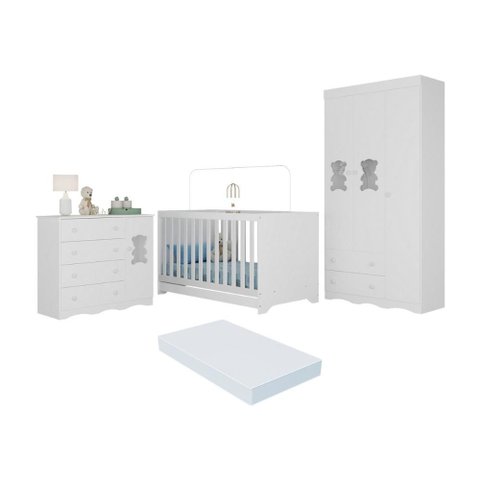 Quarto de Bebê Completo com Berço Americano 3 em 1 Colchão Doçura Multimóveis Mp4670 Branco