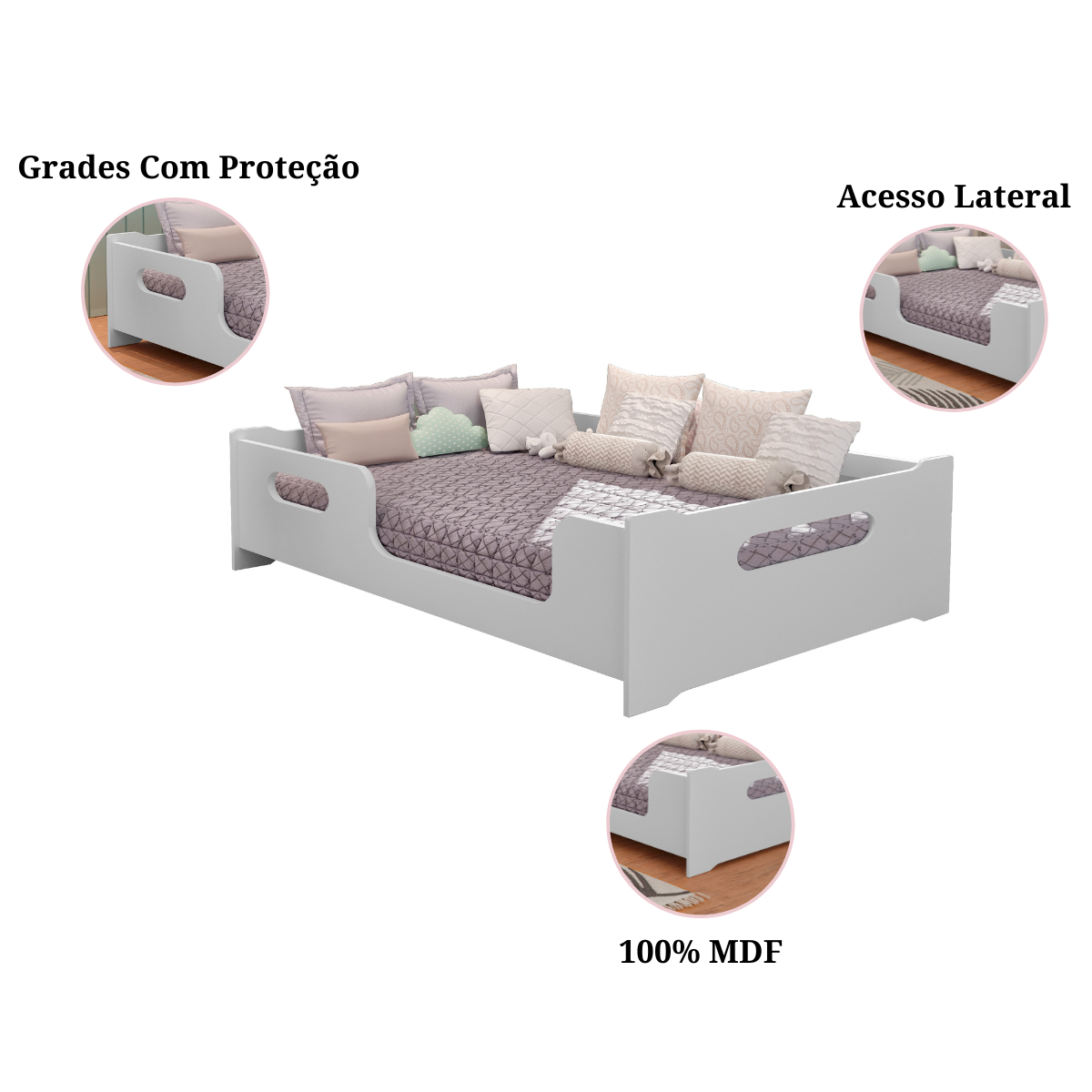 Cama Casal Montessoriana com Grade de Proteção Estilo Moderna Premium Criança Cor Branco - 3