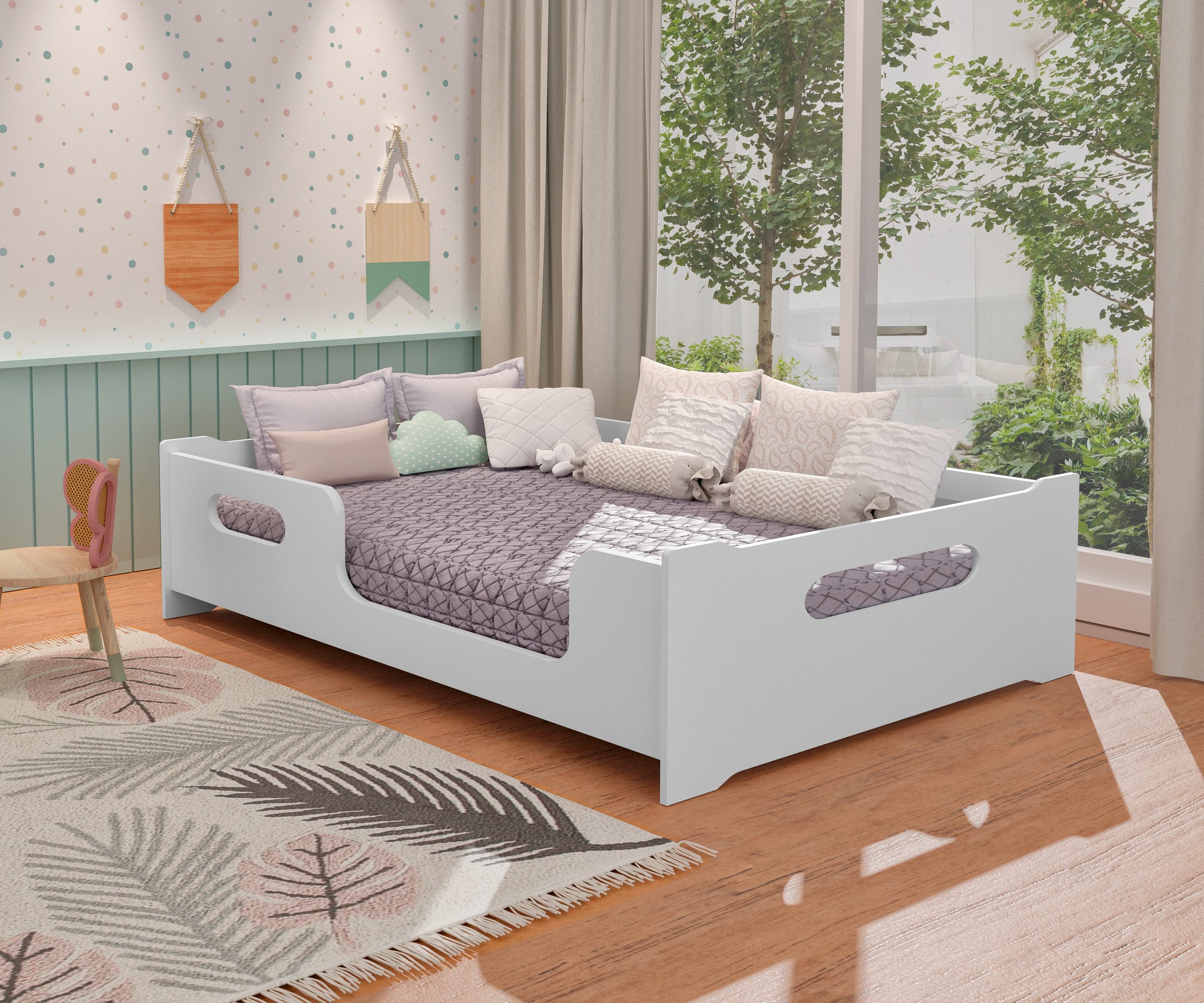 Cama Casal Montessoriana com Grade de Proteção Estilo Moderna Premium Criança Cor Branco - 2