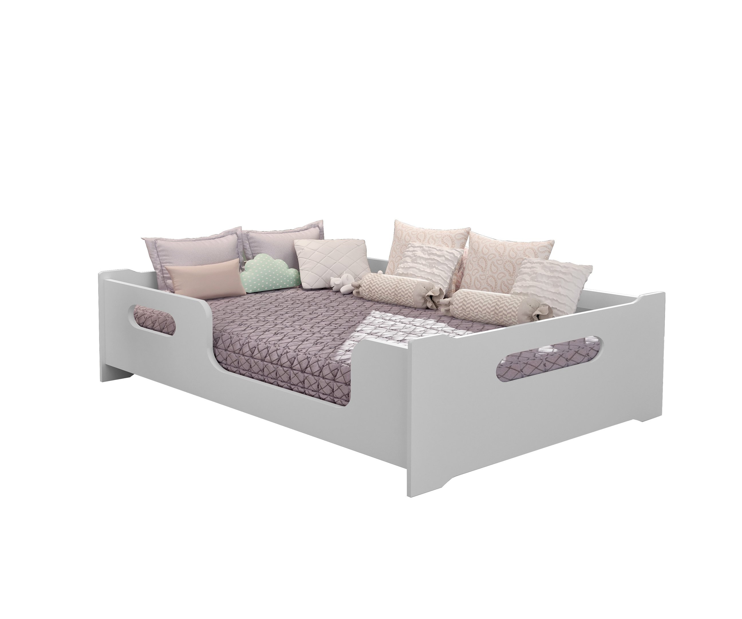 Cama Casal Montessoriana com Grade de Proteção Estilo Moderna Premium Criança Cor Branco