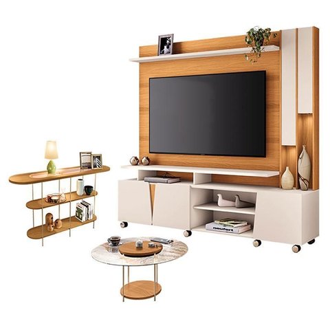 Estante Home Theater Virtus Cinamomo Off White com Mesa de Centro Sky com Tampo de Vidro e Aparador