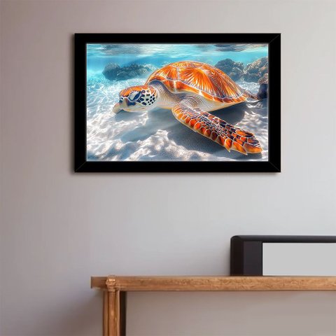 Quadro Decorativo Tartaruga Marinha + Vidro 33x25 Escritório:preto