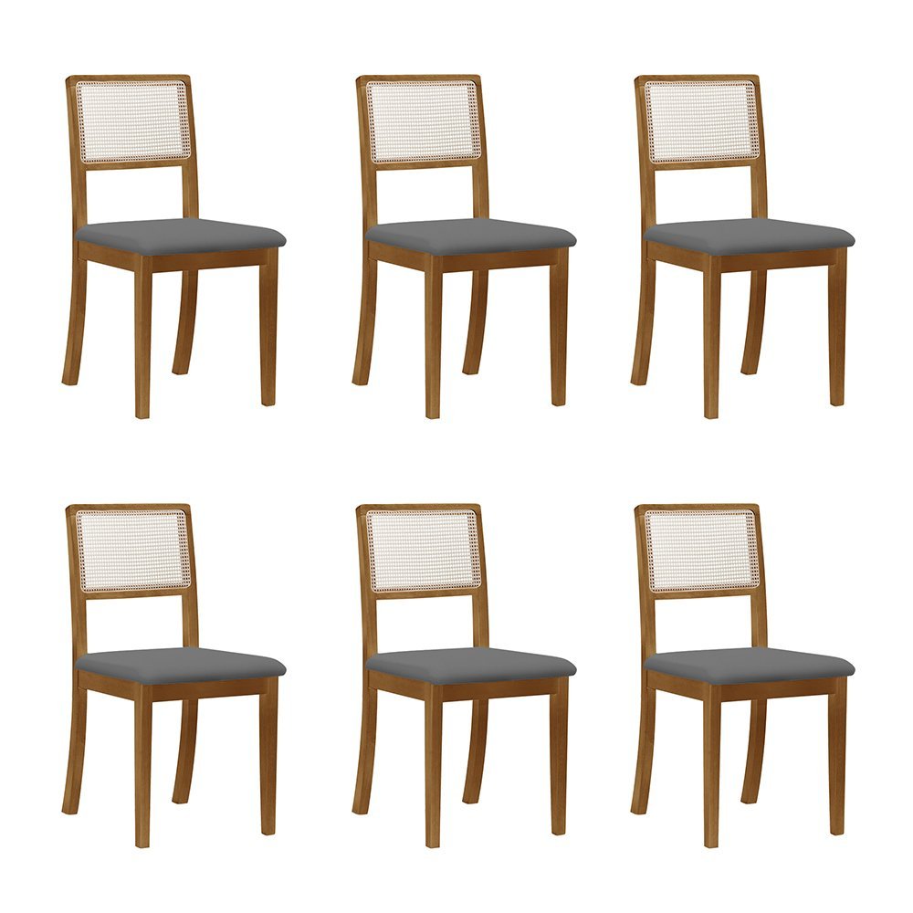 Kit 6 Cadeiras de Jantar Palha Estofadas Veludo Cinza em Tela Sextavada Rubi Madeira Maciça Mel - 1