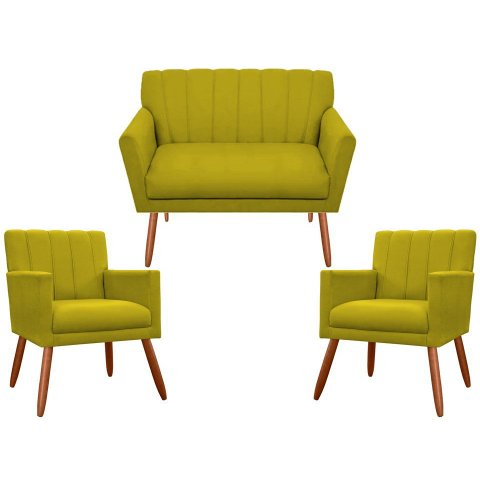 Kit Namoradeira + 2 Poltronas Decorativa Cecília Couro Amarelo Pés Madeira Mz Decor