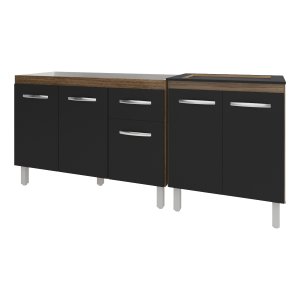 Armário Cozinha Gabinete Pia de 120 Cm Aline e Balcão Fran para Cooktop 4 Bocas Savana Preto