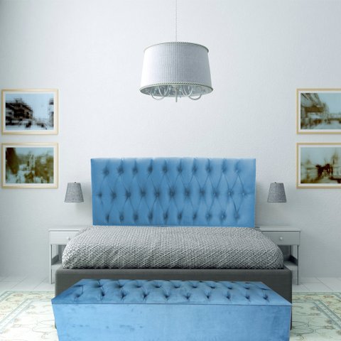 Kit Cabeceira e Recamier Luna Capitonê Baú Casal Suede Azul Royal Rbl