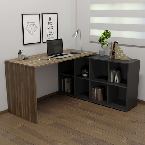 Escrivaninha Mesa Escritório Ergonômica e Atemporal em L com para Armazenamento Nero 8 Nichos 135cm