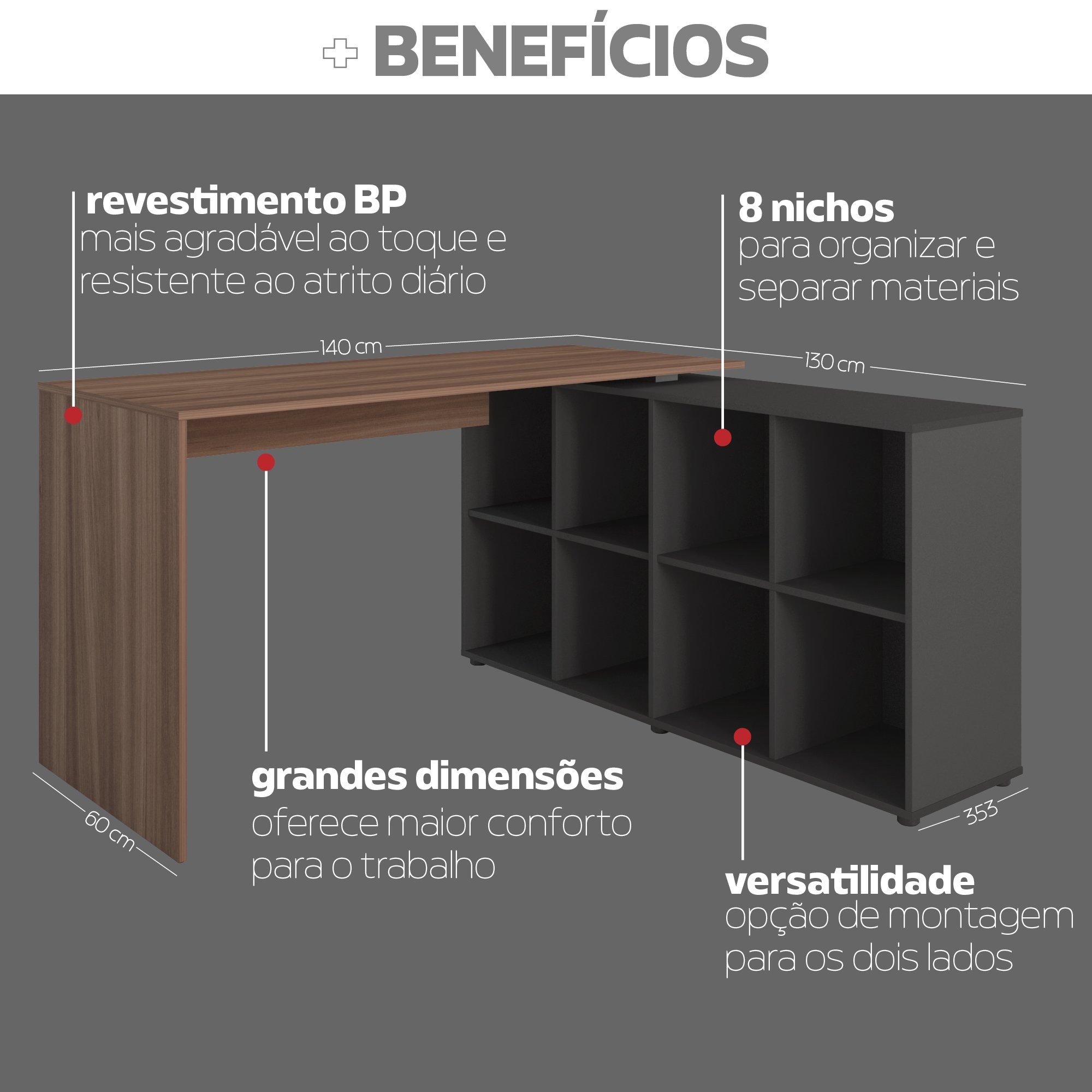 Escrivaninha Ergonômica e Atemporal em L com 8 Nichos para Armazenamento Nero Artany - 3