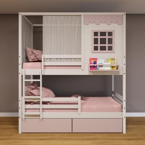 Beliche Casinha Reta 02 Gavetas Rosa Grade Removível e Cortina Madeira Maciça Branco/ Rosa Housin