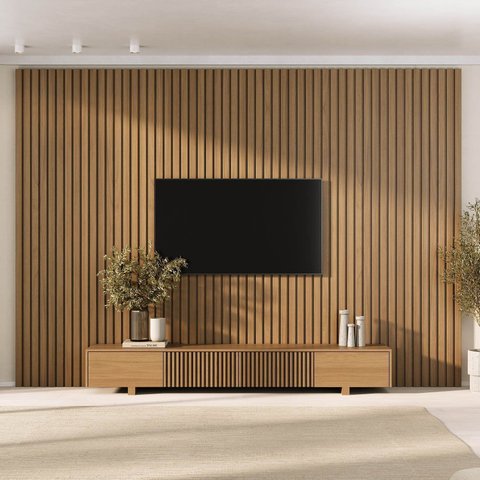 Rack com Painel Ripado para TV até 86 Polegadas 320CMX250CM Aruá CabeCasa MadeiraOriginals