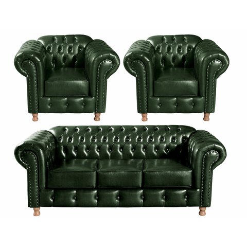 Kit Luis XV Chesterfiels Sofa 3 Lugares + 2 Poltronas Decoração Sala Recepção Barbearia - Couríssimo
