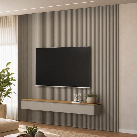 Painel Ripado para TV 85 pol com Bancada Suspensa Orgânica 297cm Slats L05 Tauari Gris Fosco - Lyam