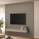 Ver imagem 1 de Painel Ripado para TV 85 pol com Bancada Suspensa Orgânica 297cm Slats L05 Tauari Gris Fosco - Lyam