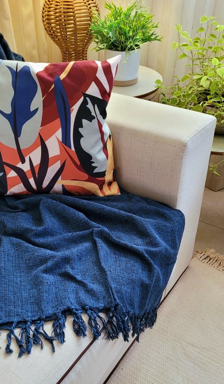 Manta Xale sofá cama Azul Marinho 2,20x1,50m tear artesanal protetora decorativa - 5