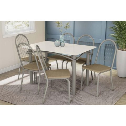 Sala de Jantar Completa Elba Tampo Madeirado C/ Vidro 120cm e 6 Cadeiras Noruega Niquel/off White -