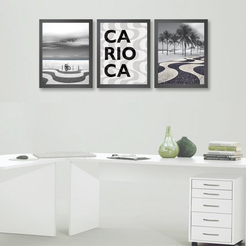 Kit 3 Quadros Rio de Janeiro - Copacabana 33x24cm:madeira Branca