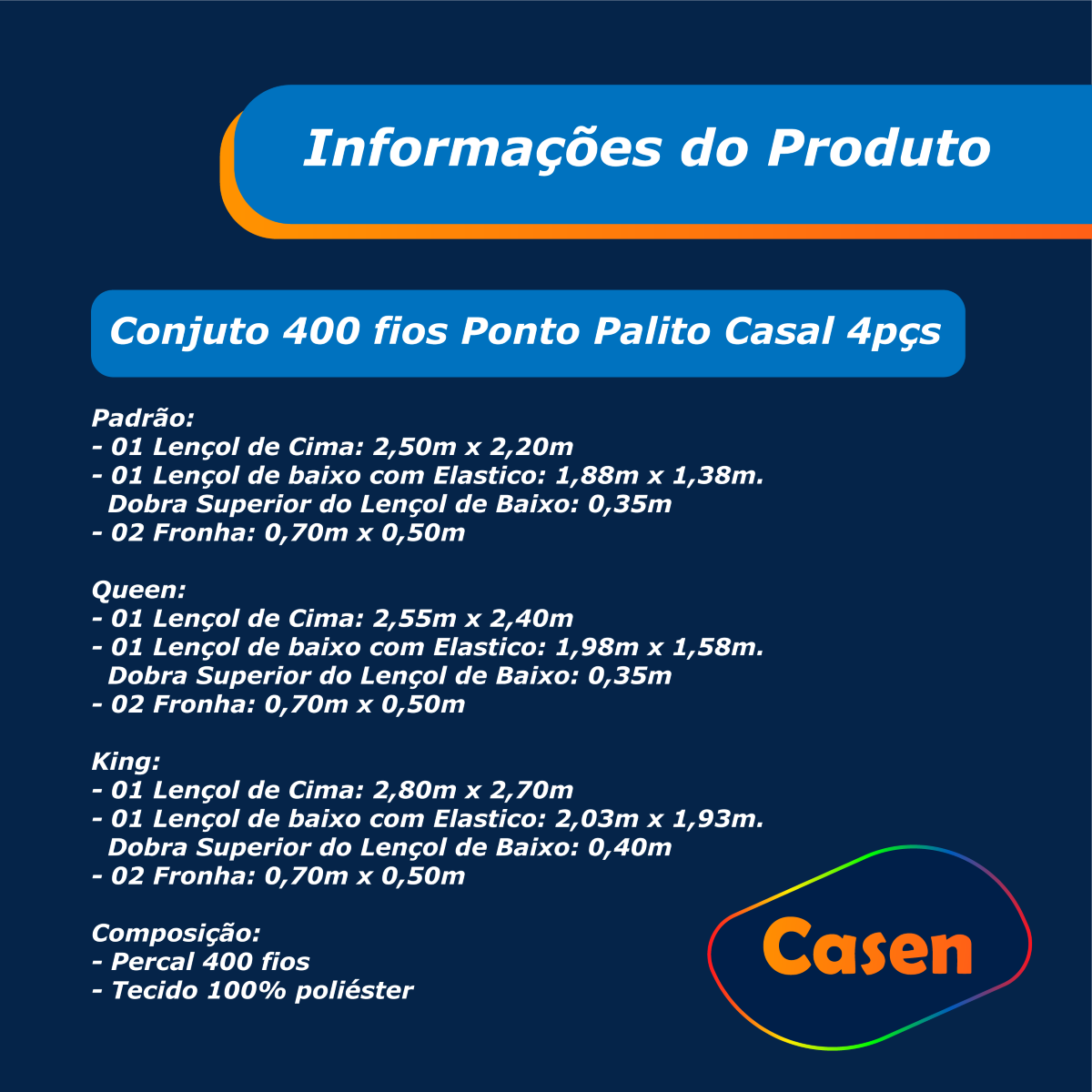 Lençol Hotel 4 pçs 400 fios Casen Ponto Palito Casal Cor:Branco - 6