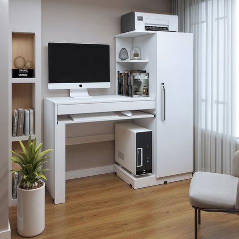 Mesa para Computador Escrivaninha com Armário Office 1 Gaveta 130cm Branca Fosco