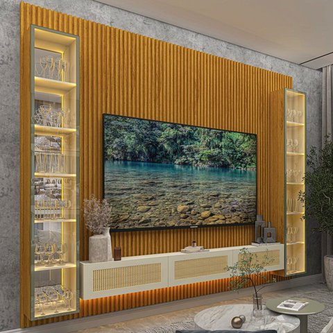 Estante Home para TV até 84 Polegadas Ripado com LED e Vidro Reflecta 100% MDF 250CMX310CM Supremo Native Marrom