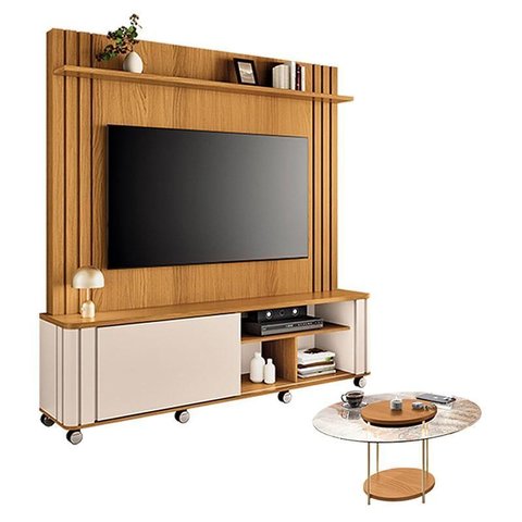 Estante Home Theater Trinus Cinamomo Off White com Mesa de Centro Sky com Tampo de Vidro Cinamomo -