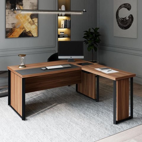 Mesa em L Executiva Diretor Direita 160cm x 170cm com Caixa de Tomadas e Porta Objetos