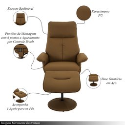 Poltrona de Massagem Reclinável e Giratória Detroit com Apoio de Pés Pu Caramelo G56 - Laura Lar - 3