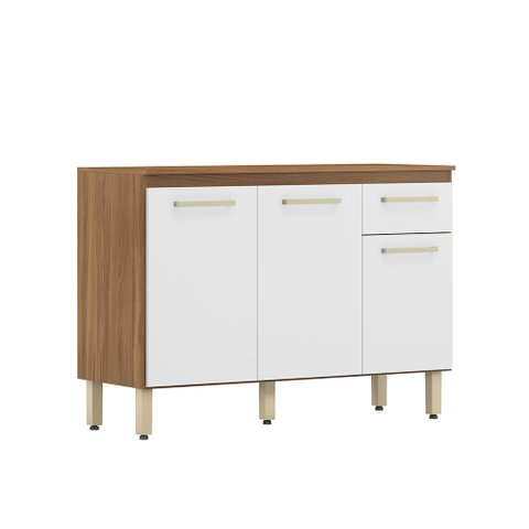 Buffet Balcão Gabinete Com Tampo 120 cm 3 Portas Amêndola/ Branco