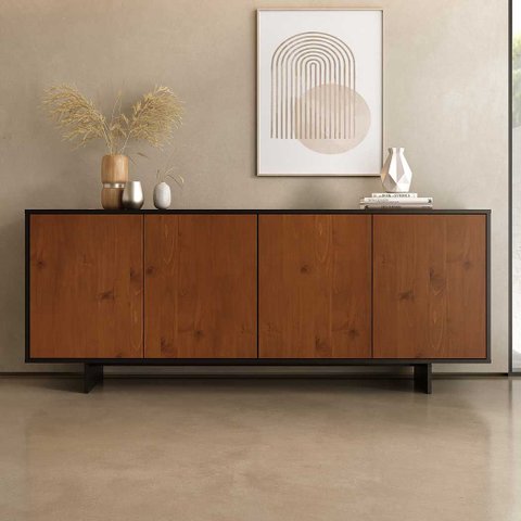 Balcão Sala Buffet Madeira 180 cm Preto Castanho 4 Portas Arto