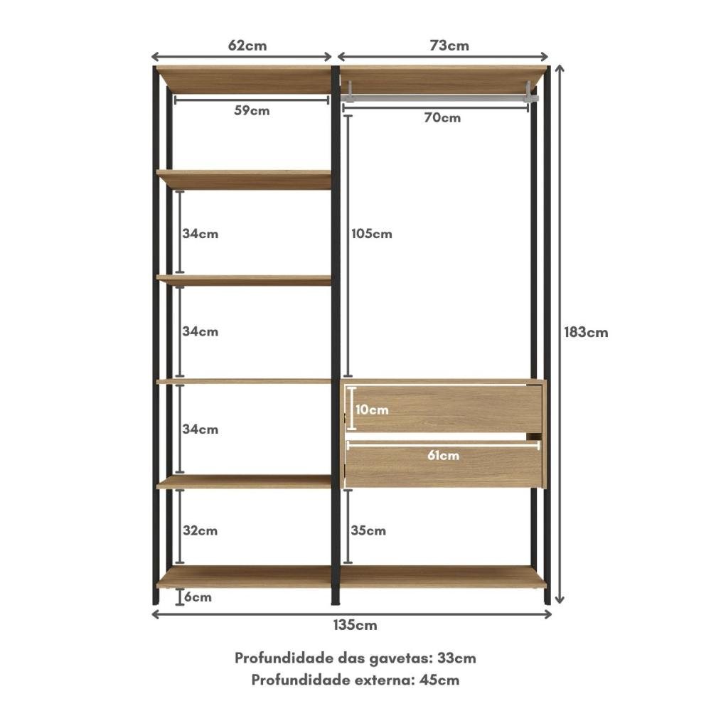 Guarda-Roupas Closet Modulado 405cm 6 Peças com 6 Gavetas e Cabideiros Multimóveis MP4322  - 6
