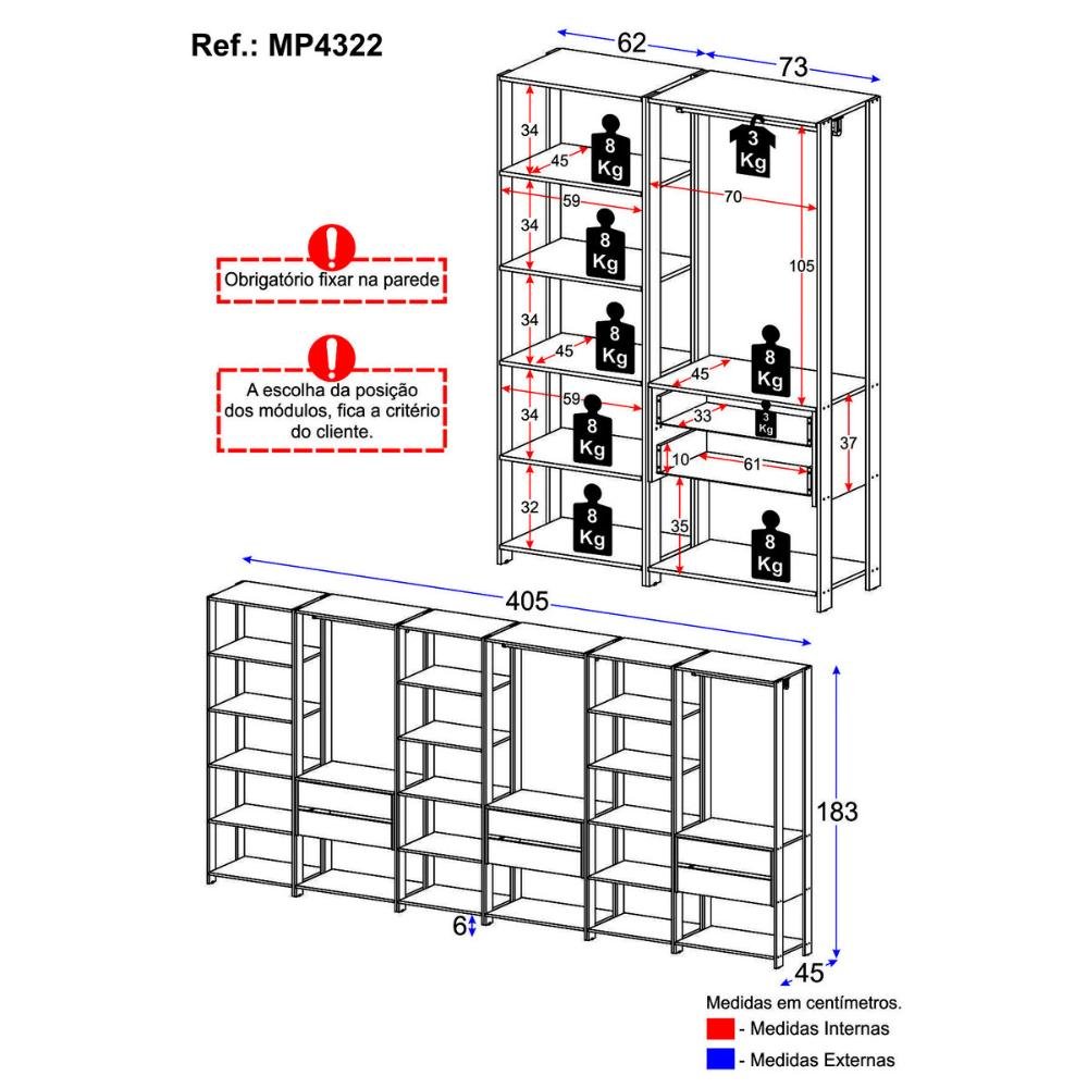 Guarda-Roupas Closet Modulado 405cm 6 Peças com 6 Gavetas e Cabideiros Multimóveis MP4322  - 3