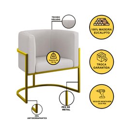 Kit 02 Cadeiras Poltrona Veludo Sala Quarto Base de Metal Gold Cor:bege - 3